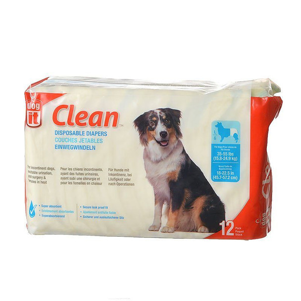 Dog It Clean Disposable Diapers Large - 12 Pack - 35-55 lb Dogs - (18-22.5 Waist)