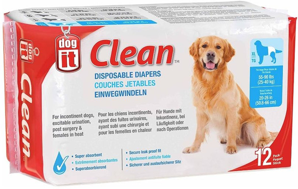 Dog It Clean Disposable Diapers X-Large - 12 Pack - 55-90 lb Dogs - (20-26 Waist)