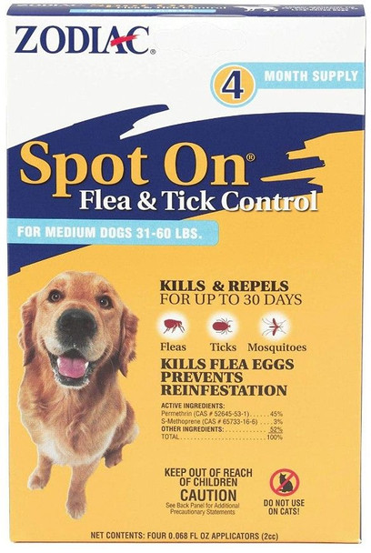 Zodiac Spot on Flea & Tick Controller for Dogs Medium Dogs 31-60 lbs (4 Pack)