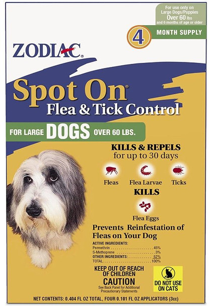 Zodiac Spot on Flea & Tick Controller for Dogs Large Dogs over 60 lbs (4 Pack)
