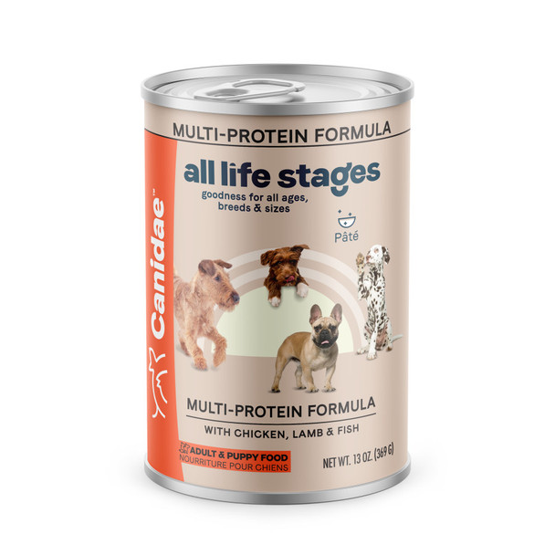 <body><p>CANIDAE All Life Stages wet food recipes are formulated for all dogs. That makes mealtimes for multiple dog households much easier than dealing with multiple cans of different foods. Single dog households will also enjoy the benefits of one can for all dogs-no more guessing or switching based on your pet's age, breed, or size. They're slow-cooked in broth for great tasting nutrition your pets will love. Choose from a variety of flavors in convenient serving sizes.</p><ul><li>Formulated for all dogs</li> <li>Multi-protein formula</li></ul></body>