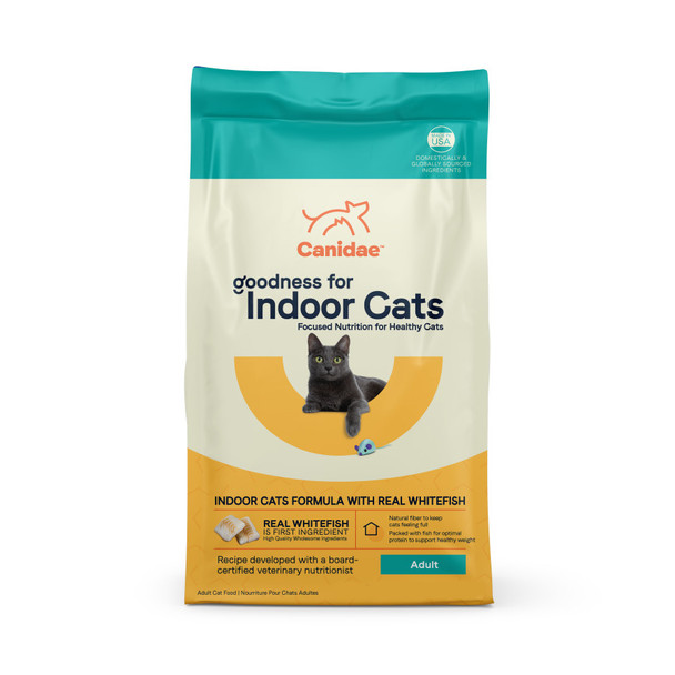 <body><p>Canidae goodness dry cat food is a health-first line formulated specifically to support healthy adult cats. Developed in partnership with a board-certified veterinary nutritionist, each bite is packed full of ingredients scientifically proven to provide focused nutrition for your cat. Each formula has real poultry or fish as the first ingredient and is composed of high-quality, wholesome ingredients. Made in the USA with domestic and globally sourced ingredients.</p><ul><li>Health-first line formulated specifically to support healthy adult cats</li> <li>Ingredients scientifically proven to provide focused nutrition for your cat</li> <li>Real poultry or fish is the first ingredient</li> <li>Composed of high-quality, wholesome ingredients</li> <li>Made in the USA with domestic and globally sourced ingredients</li></ul></body>