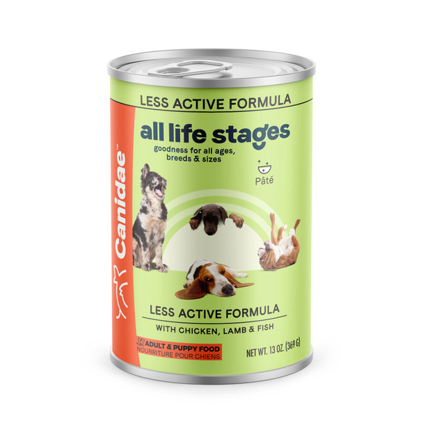 <body><p>CANIDAE All Life Stages wet food recipes are formulated for all dogs. That makes mealtimes for multiple dog households much easier than dealing with multiple cans of different foods. Single dog households will also enjoy the benefits of one can for all dogs-no more guessing or switching based on your pet's age, breed, or size. They're slow-cooked in broth for great tasting nutrition your pets will love. Choose from a variety of flavors in convenient serving sizes.</p><ul><li>Formulated for less active dogs</li></ul></body>