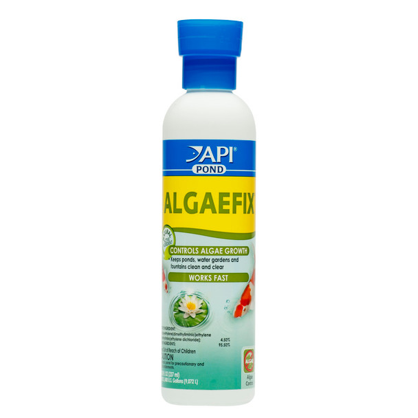 <body><p>Fast-acting API POND ALGAEFIX Algae Control works to control algae growth in ponds, water gardens, and fountains, keeping water clean and clear. API POND ALGAEFIX Algae Control works to control Green or Green water algae, String or Hair algae and Blanketweed. Will not harm fish and plants when used as directed. API POND ALGAEFIX Algae Control is for pond and fountain use only, where water is contained without any outflow. Ponds must have adequate aeration to maintain sufficient oxygen levels for fish, especially in warmer weather. To determine accurate dosing for your pond size, measure the pond volume before use. Do not use with freshwater crustaceans, including shrimp, crabs, and lobsters. With API POND products, itâ€™s easy to keep a beautiful pond. For almost 60 years API has developed premium solutions with proven and effective results for your family and ours. API offers a range of testing kits, water conditioners, and nutritionally superior food, because weâ€™re dedicated to making a better underwater world. They work to provide a safe, hospitable environment for fish such as koi, catfish, perch, goldfish and more. At API, we understand the rewards and relaxation of fishkeeping because we have a passion for fish too.</p><ul><li>Helps resolve algae problems and controls the formation of new algae; works fast; effectively controls most types of algae including green water (Chlorella), string and hair algae (Cladophora), blanket weed algae (Oedogonium) in ponds, koi ponds and fountains</li> <li>This EPA-registered pond algaecide will not harm fish, plants, surrounding wildlife and pets when used as directed</li> <li>Does not contain copper</li> <li>Before use, make certain that the pond/fountain has vigorous aeration; thoroughly mix into pond/fountain water and disperse evenly; Repeat dose every three days until algae is controlled; dose weekly to keep pond or fountain clean and clear and to reduce maintenance</li> <li>Contains one (1) API POND ALGAEFIX Algae Control 8-Ounce Bottle; treats up to 2,400 U.S Gallons</li> <li>Treats up to 2400 gallons</li></ul></body>