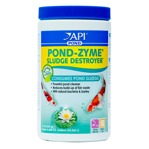 <body><p>API POND-ZYME SLUDGE DESTROYER Pond Water Cleaner with Barley reduces build-up of fish waste and consumes pond sludge, which is typically a build-up of organic matter that degrades water quality and clogs pumps and filters. POND-ZYME SLUDGE DESTROYER uses natural bacteria and barley as active ingredients to break down algae and fish waste, digest leaves and grass clippings, and reduce overall pond maintenance for the season. This product is exclusively for use in ornamental ponds. Use as directed, dosing twice a week for two weeks at the beginning of the spring start-up season and at the end of the season, and dosing once every two weeks for regular maintenance. With API POND products, itâ€™s easy to keep a beautiful pond. For almost 60 years API has developed premium solutions with proven and effective results for your family and ours. API offers a range of testing kits, water conditioners, and nutritionally superior food, because weâ€™re dedicated to making a better underwater world. They work to provide a safe, hospitable environment for fish such as koi, catfish, perch, goldfish and more. At API, we understand the rewards and relaxation of fishkeeping because we have a passion for fish too.</p><ul><li>Contains natural active ingredients to break down fish waste and consume pond sludge</li> <li>Breaks down dead algae and digests leaves and grass clippings</li> <li>Helps to reduce overall pond maintenance and keep pond clean</li> <li>Use twice a week for two weeks in ornamental ponds for start-up and end of season, then once every two weeks for regular maintenance</li> <li>Contains one (1) API POND-ZYME SLUDGE DESTROYER Pond Cleaner With Natural Pond Bacteria And Barley, 1-Pound Container</li> <li>Treats up to 16000 gallons</li></ul></body>