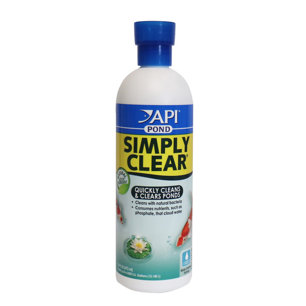 <body><p>API POND SIMPLY CLEAR Pond Water Clarifier provides a two-step approach for an incomparably clean and clear pond. API POND SIMPLY CLEAR Pond Water Clarifier quickly clears murky, cloudy pond water, and it breaks down pond sludge for maximum cleaning power. API POND SIMPLY CLEAR works by aggregating tiny suspended particles in pond water to form larger clusters which fall to the bottom of the pond where they are consumed by a super concentrated blend of beneficial bacteria. This solution is safe for fish and pond plants, as well as surrounding wildlife and pets, when used as directed. Exclusively for freshwater ponds, this solution is most effective when used every two weeks. With API POND products, itâ€™s easy to keep a beautiful pond. For almost 60 years API has developed premium solutions with proven and effective results for your family and ours. API offers a range of testing kits, water conditioners, and nutritionally superior food, because weâ€™re dedicated to making a better underwater world. They work to provide a safe, hospitable environment for fish such as koi, catfish, perch, goldfish and more. At API, we understand the rewards and relaxation of fishkeeping because we have a passion for fish too.</p><ul><li>Clears cloudy water and consumes sludge quickly with a powerful dual-action solution</li> <li>Clumps floating particles into large clusters and breaks down dead algae, sludge and fish waste</li> <li>Safe for freshwater ponds, fish and pond plants, as well as surrounding wildlife and pets</li> <li>Use every two weeks in freshwater ponds for best results</li> <li>Contains one (1) API POND SIMPLY CLEAR Pond Water Clarifier 16-Ounce Bottle</li> <li>Treats up to 4000 gallons</li></ul></body>