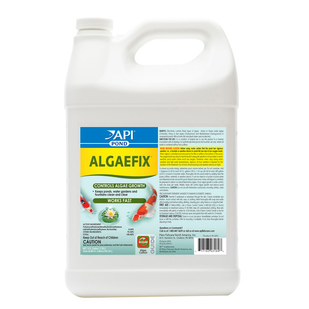 <body><p>Fast-acting API POND ALGAEFIX Algae Control works to control algae growth in ponds, water gardens, and fountains, keeping water clean and clear. API POND ALGAEFIX Algae Control works to control Green or Green water algae, String or Hair algae and Blanketweed. Will not harm fish and plants when used as directed. API POND ALGAEFIX Algae Control is for pond and fountain use only, where water is contained without any outflow. Ponds must have adequate aeration to maintain sufficient oxygen levels for fish, especially in warmer weather. To determine accurate dosing for your pond size, measure the pond volume before use. Do not use with freshwater crustaceans, including shrimp, crabs, and lobsters. With API POND products, itâ€™s easy to keep a beautiful pond. For almost 60 years API has developed premium solutions with proven and effective results for your family and ours. API offers a range of testing kits, water conditioners, and nutritionally superior food, because weâ€™re dedicated to making a better underwater world. They work to provide a safe, hospitable environment for fish such as koi, catfish, perch, goldfish and more. At API, we understand the rewards and relaxation of fishkeeping because we have a passion for fish too.</p><ul><li>Helps resolve algae problems and controls the formation of new algae; works fast; effectively controls most types of algae including green water (Chlorella), string and hair algae (Cladophora), blanket weed algae (Oedogonium) in ponds, koi ponds and fountains</li> <li>This EPA-registered pond algaecide will not harm fish, plants, surrounding wildlife and pets when used as directed</li> <li>Does not contain copper</li> <li>Before use, make certain that the pond/fountain has vigorous aeration; thoroughly mix into pond/fountain water and disperse evenly; Repeat dose every three days until algae is controlled; dose weekly to keep pond or fountain clean and clear and to reduce maintenance</li> <li>Contains one (1) API POND ALGAEFIX Algae Control 1-Gallon Bottle; treats up to 38,400 U.S Gallons</li> <li>Treats up to 38400 gallons</li></ul></body>