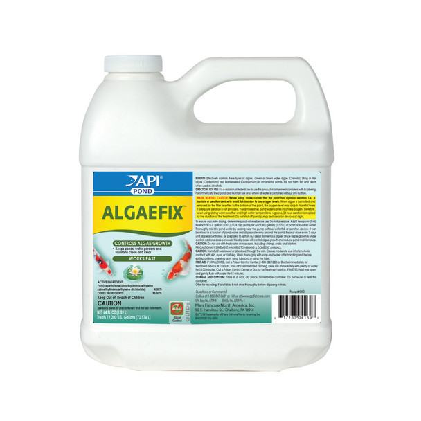 <body><p>Fast-acting API POND ALGAEFIX Algae Control works to control algae growth in ponds, water gardens, and fountains, keeping water clean and clear. API POND ALGAEFIX Algae Control works to control Green or Green water algae, String or Hair algae and Blanketweed. Will not harm fish and plants when used as directed. API POND ALGAEFIX Algae Control is for pond and fountain use only, where water is contained without any outflow. Ponds must have adequate aeration to maintain sufficient oxygen levels for fish, especially in warmer weather. To determine accurate dosing for your pond size, measure the pond volume before use. Do not use with freshwater crustaceans, including shrimp, crabs, and lobsters. With API POND products, itâ€™s easy to keep a beautiful pond. For almost 60 years API has developed premium solutions with proven and effective results for your family and ours. API offers a range of testing kits, water conditioners, and nutritionally superior food, because weâ€™re dedicated to making a better underwater world. They work to provide a safe, hospitable environment for fish such as koi, catfish, perch, goldfish and more. At API, we understand the rewards and relaxation of fishkeeping because we have a passion for fish too.</p><ul><li>Helps resolve algae problems and controls the formation of new algae; works fast; effectively controls most types of algae including green water (Chlorella), string and hair algae (Cladophora), blanket weed algae (Oedogonium) in ponds, koi ponds and fountains</li> <li>This EPA-registered pond algaecide will not harm fish, plants, surrounding wildlife and pets when used as directed</li> <li>Does not contain copper</li> <li>Before use, make certain that the pond/fountain has vigorous aeration; thoroughly mix into pond/fountain water and disperse evenly; Repeat dose every three days until algae is controlled; dose weekly to keep pond or fountain clean and clear and to reduce maintenance</li> <li>Contains one (1) API POND ALGAEFIX Algae Control 64-Ounce Bottle; treats up to 19,200 U.S Gallons</li> <li>Treats up to 19200 gallons</li></ul></body>