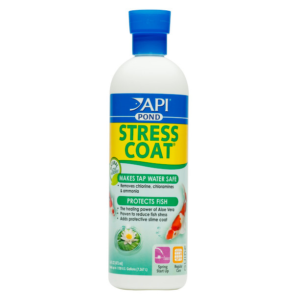 <body><p>API POND STRESS COAT Pond Water Conditioner works instantly to remove chlorine, chloramines and ammonia from tap water and neutralize heavy metals. With the healing power of aloe vera, API POND STRESS COAT is also scientifically proven to reduce fish stress by 40%, which helps reduce susceptibility to disease and infection. STRESS COAT forms a synthetic slime coating and replaces the natural secretion of slime that is interrupted by handling, shipping, fish fighting and other forms of stress, as well as helping to prevent electrolyte loss. This formula is scientifically proven to heal wounds, including torn fins and skin wounds, and promote regeneration of damaged fish tissue. API POND STRESS COAT Water Conditioner comes recommended by professional fish handlers. Use this pond dechlorinator solution when adding or changing freshwater pond water, when you add new fish to your pond, and when your fish are damaged by injury or disease. With API POND products, itâ€™s easy to keep a beautiful pond. For almost 60 years API has developed premium solutions with proven and effective results for your family and ours. API offers a range of testing kits, water conditioners, and nutritionally superior food, because weâ€™re dedicated to making a better underwater world. They work to provide a safe, hospitable environment for fish such as koi, catfish, perch, goldfish and more. At API, we understand the rewards and relaxation of fishkeeping because we have a passion for fish too.</p><ul><li>Protects fish and removes harmful-to-fish chemicals from tap water to make water safe</li> <li>Contains Aloe Vera to replace fish's protective coat damaged by handling, shipping or fighting</li> <li>Safe for freshwater ponds, fish and pond plants, as well as surrounding wildlife and pets</li> <li>Use when adding or changing water, when adding new fish, and when fish are damaged by injury or disease</li> <li>Contains one (1) API POND STRESS COAT Pond Water Conditioner 16-Ounce Bottle</li> <li>Treats up to 1920 gallons</li></ul></body>