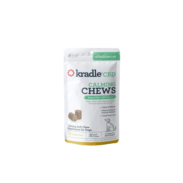 <body><p>Great for common stressors like separation, storms and car rides, Kradle Calming Chews help keep your dog calm and taste delicious! Resealable Pouch to Preserve Freshness, Quick & Effective Calming Soft Chews for Anxious Dogs. Precise Portions by Dog Weight.</p><ul><li>Easy to use and convenient-to-carry</li> <li>Formulated for everyday use</li> <li>Precise dosing by dog weight</li> <li>Produced in FDA registered facility</li></ul></body>