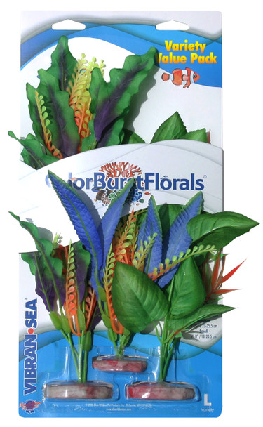 <body><p>Includes 1 Large, Medium & Small Size Plants - Hand dyed silk-style plants safe for aquariums & terrariums. Full, beautiful floral clusters which sway in the water for a natural look. Weighted resin base with no metal stems</p><ul><li>Vibrant & colorful floral clusters</li> <li>Safe & non-toxic</li> <li>Sways in the water, providing a natural look.</li> <li>Weighted resin base with no metal stems.</li></ul></body>