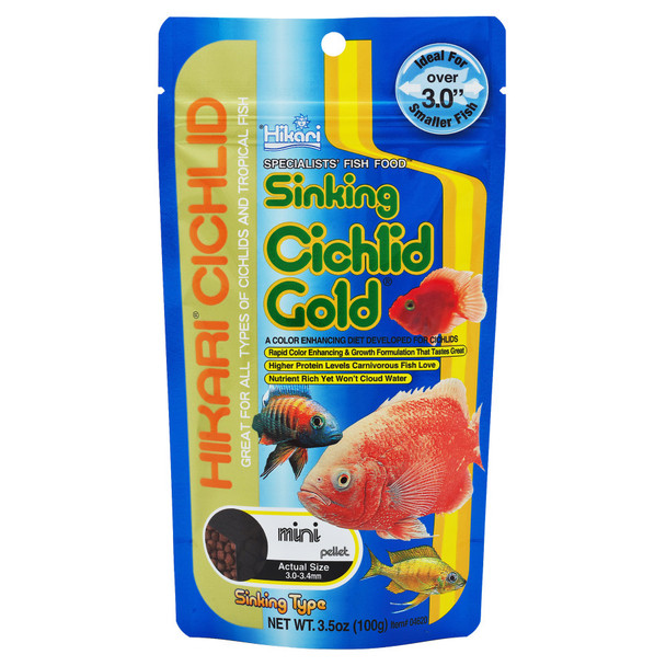 <body><p>Hikari Cichlid Gold - Mini Pellets, these mini pellets offer an excellent daily diet to any Tropical Fish and will bring back their lost colour due to the high protein levels. With Hikari cichlid gold you can expect excellent growth rates through improved digestion and its superior form compliments balanced nutrition. State-of-the-art Bio-Technology allows us include the highest grade of carotenoid available today that offers superior colour enhancing capacity while helping your tropical fish retain their beauty year round. These mini pellets are high in stabilized vitamin C which promotes resistance to stress and immunity to infectious disease thereby allowing your pet their best chance at maintaining good health. This floating pellet will not dissolve or cloud your aquarium water.</p></body>