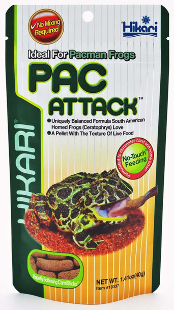 <body><p>Hikari Pac Attack Pacman Frog Food is a unique balanced daily diet formula specially made to satisfy the needs of the South American Horned Pacman Frog. Each pellet has the texture of live food to encourage healthy feeding behaviors and they come ready to eat no mixing required. These tasty pellets are formulated with Hikari s No Touch Feeding system eliminating the hand and home odors that result from other frog foods</p></body>