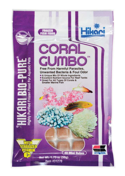 <body><p>When you hear the word gumbo, you immediately think of a wonderfully fresh, seafood infused assortment of goodies. This is exactly what we were after with the newest addition to our Bio-Pure frozen food line, Coral Gumbo. If youâ€™re looking for a fabulous assortment of goodies that your corals will respond to immediately and enjoy even more or something the little fish and creatures in your reef environment will rapidly gobble up, look no further! Check out this outstanding mix of Pacifica krill, rotifer, Mysis shrimp, sea scallop, oyster, bass, nori algae, octopus, Cyclops, squid, brine shrimp with a pinch of astaxanthin to improve coloration.0</p></body>