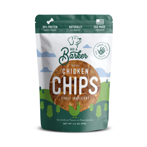 <body><p>Beg & Barker's Chips for Dogs are a naturally air-dried disc of chicken that crunches and creates a high value moment in the theatre of treats. Made with 100% human grade chicken thighs only from and in the USA, air-dried to lock in the nutrients and flavors of the meat. Nothing artificial, just a pure meat treat. Intended as a fun treat to aid restricted or limited diet plans for guilt-free snacking with nothing artificial. Minimal processing in small batches makes multiple sizes. Use smaller bits as a nutrient-dense food topper for extra treating in line with a healthy balanced diet.</p><ul><li>Naturally air-dried disc of chicken</li> <li>Crunches and creates a high value moment</li> <li>Made with 100% human grade chicken thighs only from and in the USA</li> <li>Air-dried to lock in the nutrients and flavors of the meat</li> <li>Nothing artificial, just a pure meat treat</li> <li>Intended as a fun treat to aid restricted or limited diet plans for guilt-free snacking with nothing artificial</li> <li>Minimal processing in small batches makes multiple sizes</li> <li>Use smaller bits as a nutrient-dense food topper for extra treating in line with a healthy balanced diet</li></ul></body>