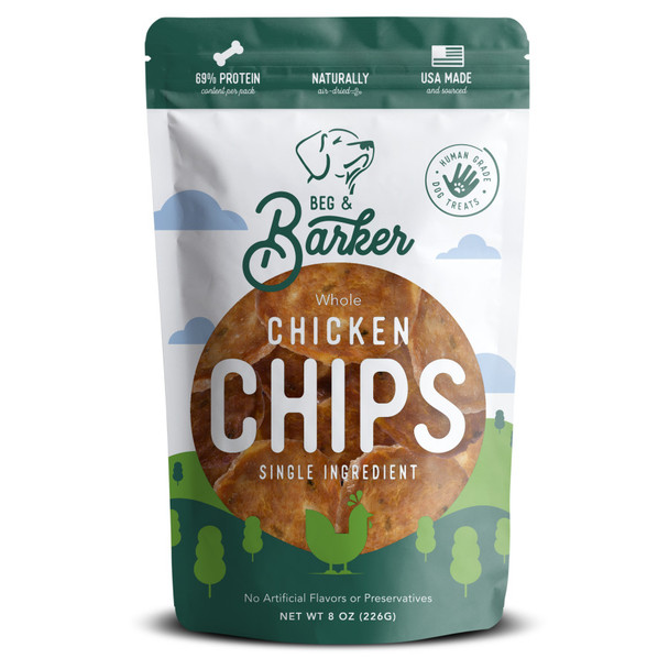 <body><p>Beg & Barker's Chips for Dogs are a naturally air-dried disc of chicken that crunches and creates a high value moment in the theatre of treats. Made with 100% human grade chicken thighs only from and in the USA, air-dried to lock in the nutrients and flavors of the meat. Nothing artificial, just a pure meat treat. Intended as a fun treat to aid restricted or limited diet plans for guilt-free snacking with nothing artificial. Minimal processing in small batches makes multiple sizes. Use smaller bits as a nutrient-dense food topper for extra treating in line with a healthy balanced diet.</p><ul><li>Naturally air-dried disc of chicken</li> <li>Crunches and creates a high value moment</li> <li>Made with 100% human grade chicken thighs only from and in the USA</li> <li>Air-dried to lock in the nutrients and flavors of the meat</li> <li>Nothing artificial, just a pure meat treat</li> <li>Intended as a fun treat to aid restricted or limited diet plans for guilt-free snacking with nothing artificial</li> <li>Minimal processing in small batches makes multiple sizes</li> <li>Use smaller bits as a nutrient-dense food topper for extra treating in line with a healthy balanced diet</li></ul></body>