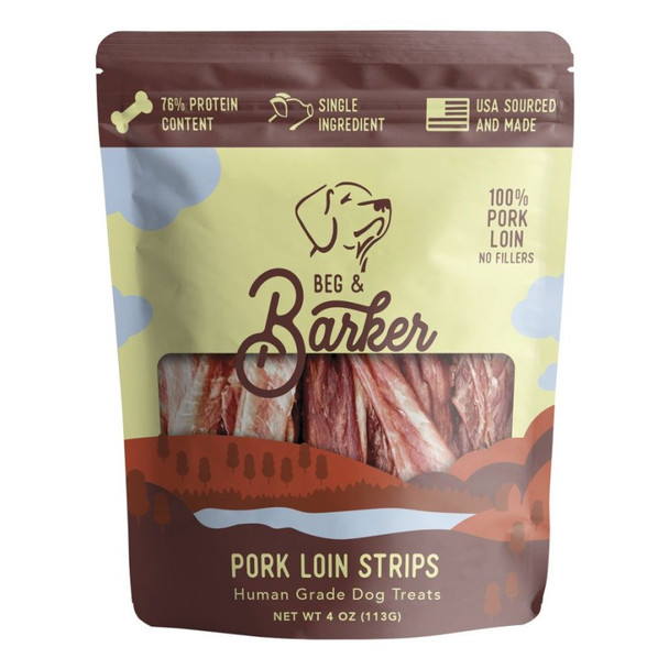 <body><p>Beg & Barkerâ€™s Air-Dried All Natural Human Grade Pork Loin Strip Treats are a premium Jerky-style free form strip of 100% whole human grade pork loins only sourced from and in the USA, air-dried to lock in the nutrients and flavors of the meat. No artificial fillers or empty promises. Just the commitment to fueling cleaner diets when used as a treat because a healthy dog is a happy dog. Pure meat sticks make the highest value treats which are high in protein and bioavailable nutrient benefits for dogs. Grain-Free, Sugar-Free, Corn-Free, Guilt-Free.</p><ul><li>Air-Dried All Natural Human Grade Pork Loin Strip</li> <li>Premium Jerky-style free form strip of 100% whole human grade pork loins</li> <li>Only sourced from and in the USA</li> <li>Air-dried to lock in the nutrients and flavors of the meat</li> <li>No artificial fillers</li> <li>Grain-Free, Sugar-Free, Corn-Free, Guilt-Free</li></ul></body>