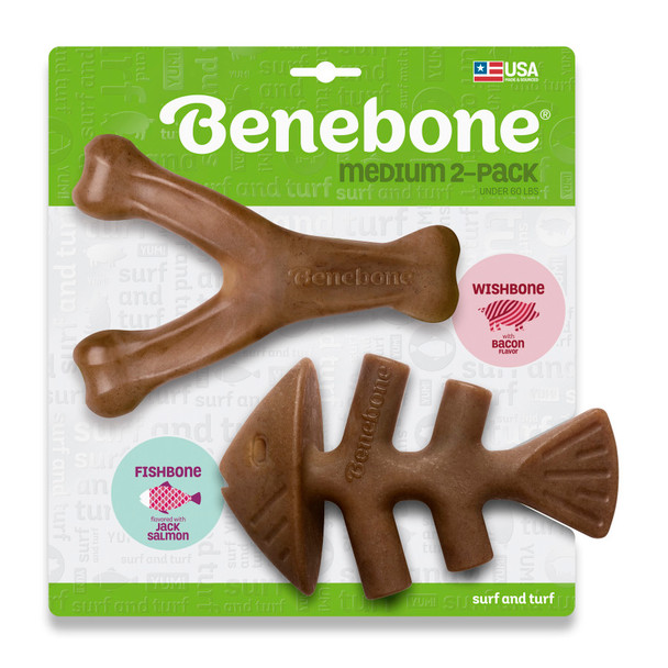 <body><p>EASY TO PICK UP AND CHEW â€“ The Wishbone and Fishbone are uniquely shaped for a paw-friendly grip so your pup can quickly grab them and get a good chew going. Think about it: dogs donâ€™t have thumbs. DURABLE, LONG-LASTING â€“ Benebones are tougher than real bones and last for weeks. USA MADE â€“ We make and source everything in the USA. HAPPINESS, GUARANTEED â€“ Have an issue? Want to chat? Reach out to us directly and youâ€™ll get a real person whose sole job is to make you and your pup happy.</p><ul><li>EASY TO PICK UP AND CHEW â€“ The Wishbone and Fishbone are uniquely shaped for a paw-friendly grip so your pup can quickly grab them and get a good chew going. Think about it: dogs donâ€™t have thumbs</li> <li>DURABLE, LONG-LASTING â€“ Benebones are tougher than real bones and last for weeks</li> <li>USA MADE â€“ We make and source everything in the USA</li> <li>HAPPINESS, GUARANTEED â€“ Have an issue? Want to chat? Reach out to us directly and youâ€™ll get a real person whose sole job is to make you and your pup happy.</li> <li>REAL BACON AND REAL SALMON â€“ We use only 100% REAL BACON for flavor and scent in our Wishbone, and REAL JACK SALMON in the Fishbone. Trust us, dogs can tell the difference.</li></ul></body>