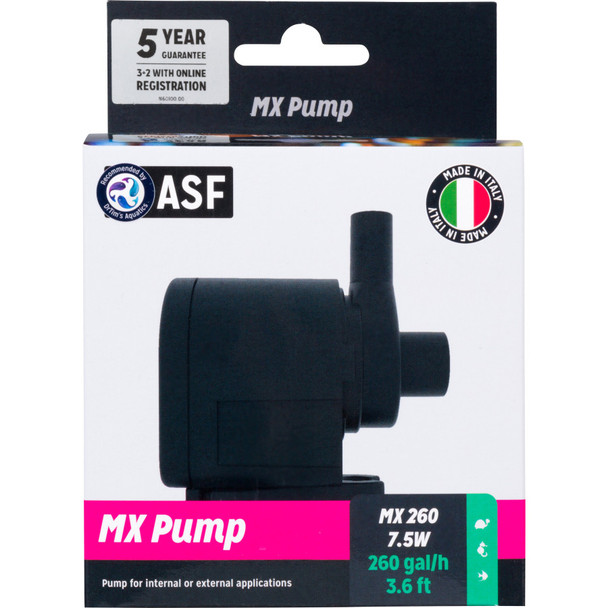 <body><p>The MX and MX Pro pumps from ASF are 100% designed and manufactured in Italy for reliability and quality reassurance with a massive 5 year guarantee (3+2 with online registration) The MX pumps are fully adjustable so you can have the outlet of the pump in any direction you desire. Compact design and lower wattage than its previous models with a super strong quality rotor. Adjustable air intake kit included.</p><ul><li>100% designed and manufactured in Italy for reliability and quality</li> <li>5 year guarantee (3+2 with online registration)</li> <li>Fully adjustable so you can have the outlet of the pump in any direction</li> <li>Compact design and lower wattage than its previous models</li> <li>Super strong quality rotor</li> <li>Adjustable air intake kit included</li></ul></body>