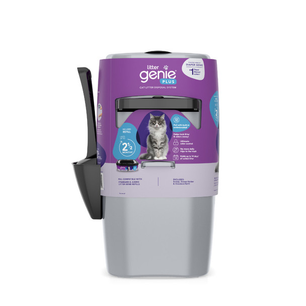 <body><p>The Litter Genie Plus Pail features an antimicrobial that inhibits odors caused by bacteria. It can hold up to 14 days of soiled cat litter for one cat and comes with refill bags that are made from a multi-layer film with odor-locking barrier technology. The pail includes a refill that can last up to 10 weeks, a scoop and a scoop holder.</p><ul><li>Ultimate odor control </li> <li>Effortless clean up - No more daily trip to the trash. The pail holds up to 14 days of cat litter (for one cat) and the included refill lasts up to 10 weeks</li> <li>Simple to use - A fresher home in just 3 easy steps. Scoop clumps from the litter box, open the lid and drop the clumps, and pull the handle to lock away litter and odors.</li></ul></body>