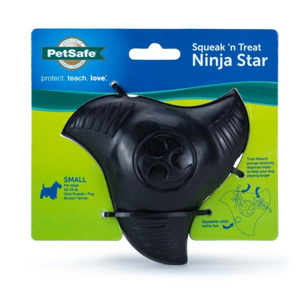<body><p>Your dog won't be able to disguise his love of the PetSafe Squeak &Ocirc;n Treat Ninja Star Dog Chew Toy! This durable dog toy is made from vanilla-scented rubber and designed to hold up to even the toughest chewers. The Squeak &Ocirc;n Treat Ninja Star delivers a satisfying squeak while also releasing treats as your pet plays. This combination of sound and tasty treats appeals to the natural prey drive of dogs. The patented Treat Meter prongs hold your dog's favorite treats or kibble. As your pooch plays, treats pop out. If your dog finds the toy too challenging, try trimming the patented Treat Meter prongs. Once the prongs are cut, there is no going back so we recommend trimming only a little at a time and then testing. The Ninja Star is free from stuffing and fabric and can be easily cleaned in the top rack of your dishwasher.</p></body>