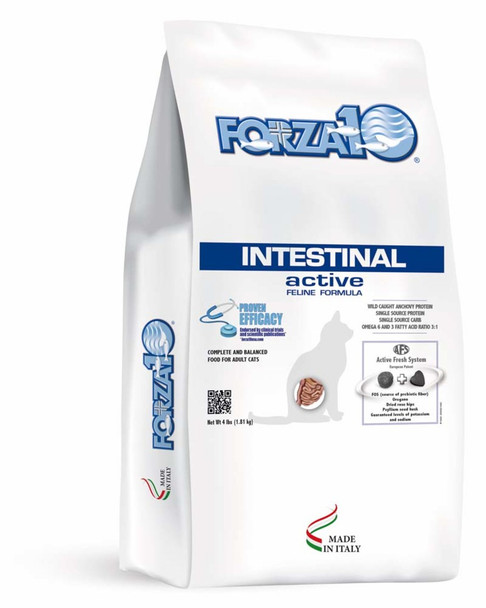 <body><p>Intestinal represents the specific Active Line diet developed to help all cats with chronic or recurrent gastrointestinal problems which donâ€™t respond satisfactorily to conventional therapy.</p><ul><li>Forza10 Active Intestinal is designed for cats with sensitive digestion</li> <li>Helps stop diarrhea, upset stomach, excessive salivation, vomiting on an empty stomach, and flatulence</li> <li>Made with Icelandic wild-caught anchovy, which is rich in omegas for a healthy skin & coat</li> <li>Rose hips, oregano, and psyllium seed husk are added to help support a healthy digestion</li> <li>Free from the bad stuff; never any GMOs, by-products, corn, wheat, soy, artificial colors, or flavors</li></ul></body>