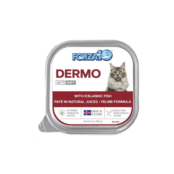 <body><p>Dermo Cat Fish is a nutritional tool in case of skin conditions. It is effective alone or with Active dry food.</p><ul><li>Forza10 Actiwet Dermo is designed for cats with sensitive skin</li> <li>Helps stop itchiness, redness, hot spots, scratching, dandruff, dry and dull fur, and constant fur loss</li> <li>Made with delicious Icelandic salmon that cats crave</li> <li>Pomegranate, papaya, and turmeric are added for a shiny skin and coat</li> <li>Free from the bad stuff; never any GMOs, by-products, corn, wheat, soy, artificial colors, or flavors</li></ul></body>