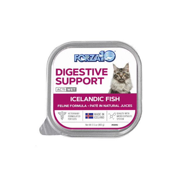<body><p>Intestinal Cat Fish for adult cats is a nutritional tool in case of intestinal conditions. It is effective alone or with Active dry food.</p><ul><li>Forza10 Actiwet Intestinal is designed for cats with sensitive digestion</li> <li>Helps stop diarrhea, upset stomach, excessive salivation, vomiting on an empty stomach, and flatulence</li> <li>Made with delicious Icelandic salmon that cats crave</li> <li>Rose hips, oregano, and psyllium seed husk are added to help support a healthy digestion</li> <li>Free from the bad stuff; never any GMOs, by-products, corn, wheat, soy, artificial colors, or flavors</li></ul></body>