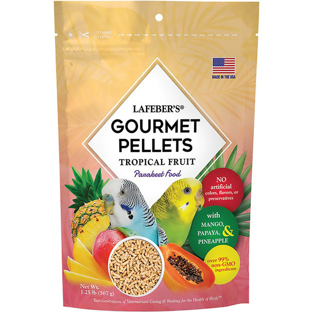 <body><p>The only fruit pellet made with no added sugar or fructose. Nutritionally complete Tropical Fruit Gourmet Pellets take your birdâ€™s taste buds to the tropics! Real pieces of papaya, mango, and pineapple within each pellet bring new flavor sensations to the premium bird food originally developed by Dr. Lafeber Sr. in 1973. This gourmet pellet helps ensure that your bird gets all the nutrients needed for a full, energetic, and healthy life.</p><ul><li>The only nutritionally complete fruit pellet with no added sugar or fructose</li> <li>Over 99% non-GMO ingredients</li> <li>No artificial flavors, colors, or preservatives</li> <li>Each pellet includes human-grade pieces of mango, papaya, and pineapple</li> <li>Provides energy for an active life: essential proteins and carbohydrates</li> <li>Promotes immune system health with vitamins, chelated minerals, and antioxidants</li> <li>Omega 3 & 6 balanced for healthy skin and vibrant feathers</li></ul></body>