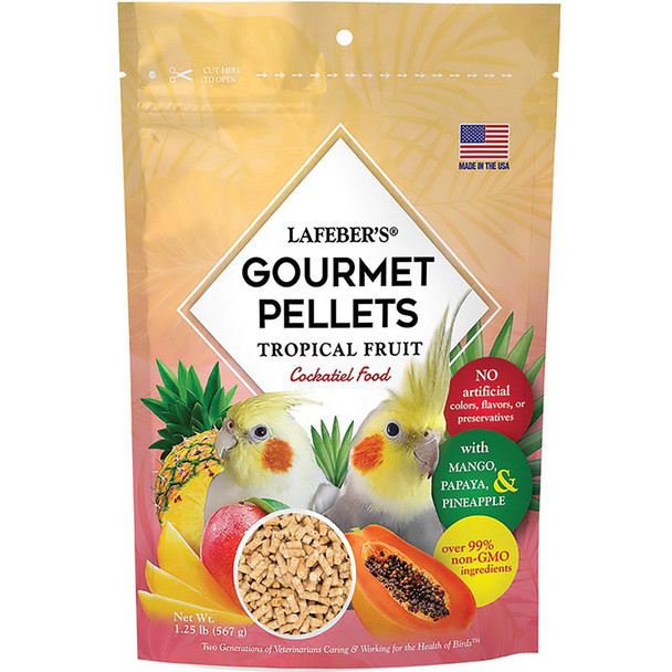 <body><p>The only fruit pellet made with no added sugar or fructose. Nutritionally complete Tropical Fruit Gourmet Pellets take your birdâ€™s taste buds to the tropics! Real pieces of papaya, mango, and pineapple within each pellet bring new flavor sensations to the premium bird food originally developed by Dr. Lafeber Sr. in 1973. This gourmet pellet helps ensure that your bird gets all the nutrients needed for a full, energetic, and healthy life.</p><ul><li>The only nutritionally complete fruit pellet with no added sugar or fructose</li> <li>Over 99% non-GMO ingredients</li> <li>No artificial flavors, colors, or preservatives</li> <li>Each pellet includes human-grade pieces of mango, papaya, and pineapple</li> <li>Provides energy for an active life: essential proteins and carbohydrates</li> <li>Promotes immune system health with vitamins, chelated minerals, and antioxidants</li> <li>Omega 3 & 6 balanced for healthy skin and vibrant feathers</li></ul></body>