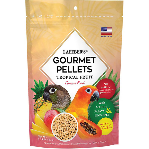 <body><p>The only fruit pellet made with no added sugar or fructose. Nutritionally complete Tropical Fruit Gourmet Pellets take your birdâ€™s taste buds to the tropics! Real pieces of papaya, mango, and pineapple within each pellet bring new flavor sensations to the premium bird food originally developed by Dr. Lafeber Sr. in 1973. This gourmet pellet helps ensure that your bird gets all the nutrients needed for a full, energetic, and healthy life.</p><ul><li>The only nutritionally complete fruit pellet with no added sugar or fructose</li> <li>Over 99% non-GMO ingredients</li> <li>No artificial flavors, colors, or preservatives</li> <li>Each pellet includes human-grade pieces of mango, papaya, and pineapple</li> <li>Provides energy for an active life: essential proteins and carbohydrates</li> <li>Promotes immune system health with vitamins, chelated minerals, and antioxidants</li> <li>Omega 3 & 6 balanced for healthy skin and vibrant feathers</li></ul></body>