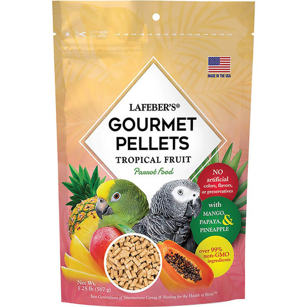 <body><p>The only fruit pellet made with no added sugar or fructose. Nutritionally complete Tropical Fruit Gourmet Pellets take your birdâ€™s taste buds to the tropics! Real pieces of papaya, mango, and pineapple within each pellet bring new flavor sensations to the premium bird food originally developed by Dr. Lafeber Sr. in 1973. This gourmet pellet helps ensure that your bird gets all the nutrients needed for a full, energetic, and healthy life.</p><ul><li>The only nutritionally complete fruit pellet with no added sugar or fructose</li> <li>Over 99% non-GMO ingredients</li> <li>No artificial flavors, colors, or preservatives</li> <li>Each pellet includes human-grade pieces of mango, papaya, and pineapple</li> <li>Provides energy for an active life: essential proteins and carbohydrates</li> <li>Promotes immune system health with vitamins, chelated minerals, and antioxidants</li> <li>Omega 3 & 6 balanced for healthy skin and vibrant feathers</li></ul></body>