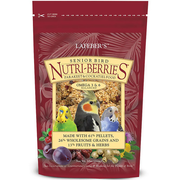 <body><p>Optimize your senior birdâ€™s diet with Senior Bird Nutri-Berries. Veterinarian-formulated with 61% pellets, 26% wholesome grains, and 13% fruits and herbs. Age-combative ingredients include milk thistle, dandelion, and ginger, and whole pieces of age-defying fruits like plums, cranberries, and dates. Like people, age-related conditions like arthritis can happen at different ages for different birds. In general, a bird may be considered a senior once he or she reaches half of their expected life span.</p><ul><li>Formulated by top avian veterinarians and avian nutritionists</li> <li>Formulated to help support joint and bone health, improve liver function and more</li> <li>Contains milk thistle, dandelion, ginger, plums, cranberries, dates, glucosamine and chondroitin</li> <li>Essential vitamins, chelated minerals, and important antioxidants help boost the immune system</li> <li>Balanced omega 3 and 6 fatty acids to promote skin and feather health</li> <li>Made with non-GMO, human-grade ingredients, with no artificial colors, preservatives, or flavors</li> <li>Made in small batches at the Lafeber family farm in rural Illinois</li></ul></body>