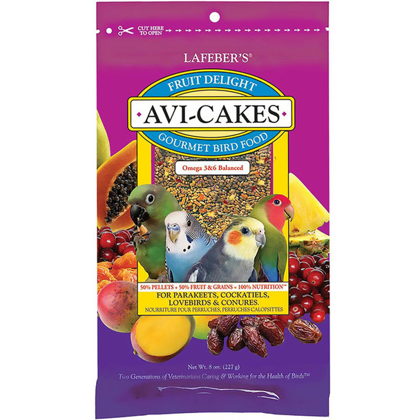 <body><p>Fruit Delight Avi-Cakes brings tasty fun to your birdâ€™s meals. This nutritionally complete bird food blends 50% nutritionally balanced pellets with wholesome grains and seeds, plus bits of human-grade cranberries, dates, mango, papaya, and pineapple. This taste sensation is formed into a cake shape that birds delight in holding and tearing apart. Thatâ€™s why itâ€™s called a â€œwork and chewâ€ food, and why itâ€™s more than just tasty nutrition.</p><ul><li>Formulated by top avian veterinarians and avian nutritionists</li> <li>Essential proteins and carbohydrates for energy; essential vitamins, chelated minerals, and important antioxidants to boost the immune system</li> <li>Balanced omega 3 and 6 fatty acids to promote skin and feather health</li> <li>Made with non-GMO, human-grade ingredients, with no artificial colors, preservatives, or flavors</li> <li>Made in small batches at the Lafeber family farm in rural Illinois</li></ul></body>