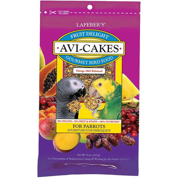 <body><p>Fruit Delight Avi-Cakes brings tasty fun to your birdâ€™s meals. This nutritionally complete bird food blends 50% nutritionally balanced pellets with wholesome grains and seeds, plus bits of human-grade cranberries, dates, mango, papaya, and pineapple. This taste sensation is formed into a cake shape that birds delight in holding and tearing apart. Thatâ€™s why itâ€™s called a â€œwork and chewâ€ food, and why itâ€™s more than just tasty nutrition.</p><ul><li>Formulated by top avian veterinarians and avian nutritionists</li> <li>Essential proteins and carbohydrates for energy; essential vitamins, chelated minerals, and important antioxidants to boost the immune system</li> <li>Balanced omega 3 and 6 fatty acids to promote skin and feather health</li> <li>Made with non-GMO, human-grade ingredients, with no artificial colors, preservatives, or flavors</li> <li>Made in small batches at the Lafeber family farm in rural Illinois</li></ul></body>