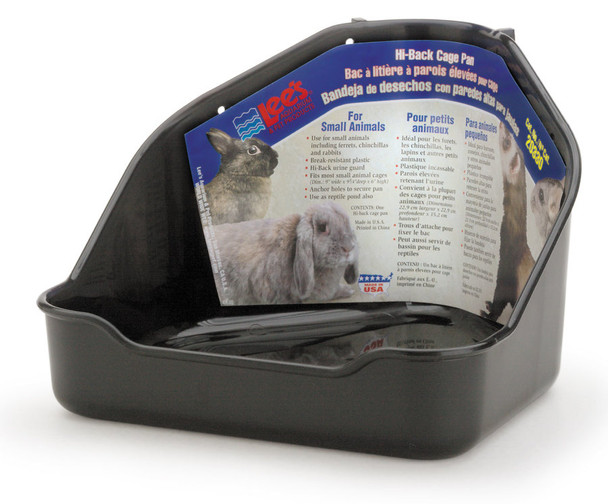 <body><p>Ideal for small animals including ferrets chinchillas and rabbits. Made of break resistant plastic.Hi-back urine guard. Anchor holes plus anchor hooks to help secure the pan in the cage. Fits most small animal cages and can also be used as a reptile pond. Assorted colors. Dimensions: 9in wide x 9 3/4in deep x 6in high.</p></body>