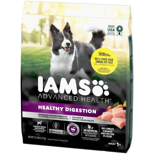 <body><p>1st ingredient is real, farm-raised chicken, with whole grains. Guaranteed live probiotics. Promotes healthy digestion with a tailored blend of wholesome fibers and prebiotics. Builds strong muscles with quality protein sourced from real chicken. Supports a strong immune system with antioxidants. Veterinarians recommend IAMS. With optimal omega 6 :3 fatty acid ratio to support healthy skin & coat. HEALTHY TEETH crunchy kibbles scrub your dog's teeth with every bite, to help reduce plaque buildup that can lead to bad breath. Formulated with essential nutrients to support bone and joint health.</p><ul><li>Designed with ingredients to support your dogâ€™s whole-body health</li> <li>Features clinically proven technology to support healthy digestion</li> <li>Meat-first recipe blended with wholesome grains</li> <li>No artificial flavors or preservatives</li></ul></body>