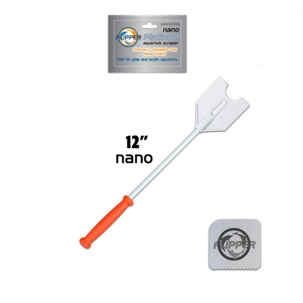 <body><p>When it comes to aquarium scrapers.......One size does NOT fit all! Flipper Platinum NANO Aquarium Scraper for NANO-SIZED Glass and Acrylic Tanks.</p><ul><li>Blade cards can be inserted in any direction for multiple levels of flexibility</li> <li>Cut your own custom blade card shapes for cleaning difficult curved or tight areas of your tank</li> <li>Solid fiberglass matrix handle is practically indestructible!</li> <li>Handle grip will vary between orange and black</li></ul></body>