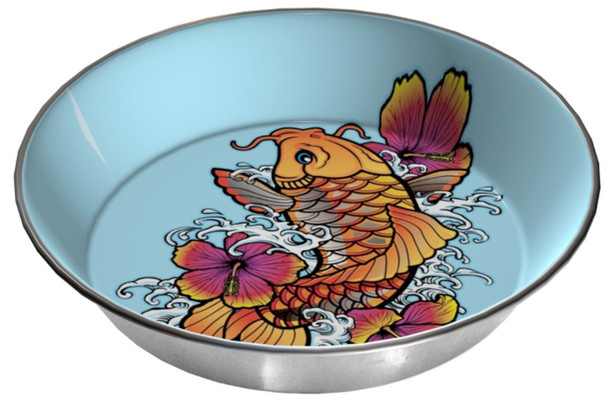 <body><p>This dish has a tattoo of a bright orange Koi splashing in the water and flowers.</p><ul><li>Koi design</li></ul></body>