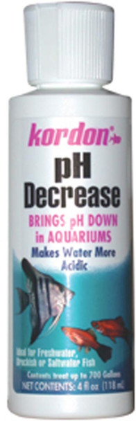 <body><p>Kordon pH decrease will safely decrease the water ph in fresh or saltwater. Aquarium water can fluctuate up or down due to biological and/or chemical activity within the aquarium. Using Kordon pH decrease will take the pH down to a desired level. For best results it is recommended that Kordon pH7.0, pH 7.5 or pH 8.2 Stabilizer products be used following treatment with either pH Increase or pH Decrease for complete pH water control. 4 ounce size treats up to 700 gallons.</p></body>