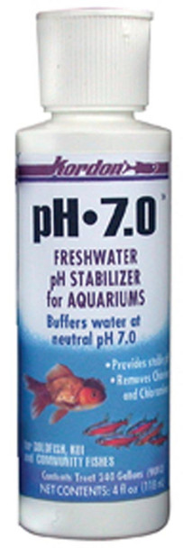 <body><p>Kordon pH Stabilizer 7.0 is ideal for freshwater fish such as goldfish and community tanks. 7.0 is the pH level in which most freshwater fish and invertebrates thrive and reproduce. The pH of aquarium water goes up and down due to biological and/or chemical activity within the water. The pH of a new water system tends to be at a higher pH (above 7.0 - alkaline) and frequently drops (below 7.0 - acidic) as the system ages. Depending on biological conditions Kordon pH 7.0 will hold the pH around the 7.0 level for about 60 days. Easy to use - 4 ounce bottle treats 50 gallons.</p></body>