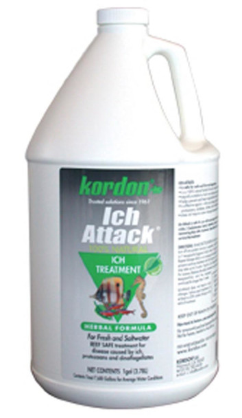 <body><p>Kordon Ich-Attack is an herbal treatment with multiple natural ingredients for elimination of external single-celled infections of fishes - whether protozoan parasites (amebae ciliates or dinoflagellates) or fungal. The herbal formula is based on the unique use of patented naphthoquinones exclusively used by Kordon as the basic ingredients. Ich Attack has a broad spectrum of activity lessening the necessity for detailed accurate dosing. Ich Attack particularly directed against all external protozoan infections including white spot disease (Ich) and as an effective external treatment of protozoans dinoflagellates and fungi. Equally effective in fresh and salt water - does not require water changes between treatments. SAFE FOR REEFS and LIVE ROCK. Safe for use with aquatic invertebrates (snails shrimp crabs coral anemones etc.) Does not interfere with the biological cycle. 1 gallon treats up to 7693 gallons.</p></body>
