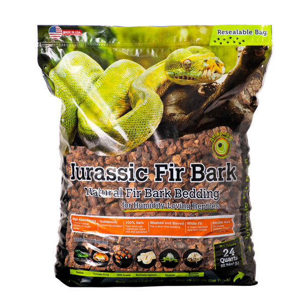 <body><p>Galapagos Jurassic Fir Bark is for Humidity-Loving Reptiles. Our bedding is made from 100% Douglas Fir Bark. We use a smaller bark size to facilitate feeding, crawling, and slithering. It is a perfect substrate for Basilisks, Tomato Frogs, Milk Snakes, Burmese Pythons, Iguanas, Russian Tortoises, Boa Constrictors, Gopher Snakes, and similar species.</p></body>