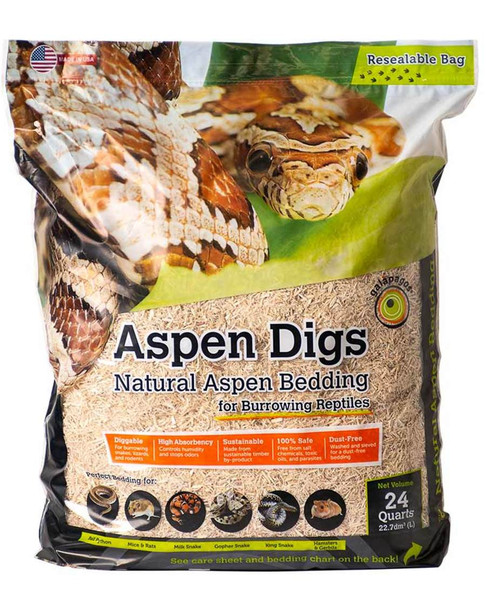 <body><p>Galapagos Aspen Digs is for Burrowing Reptiles. Our bedding is made from 100% Aspen trees and specifically cut for snakes, reptiles, and rodents. It is a perfect substrate for Corn Snakes, Ball Pythons, Blue Tongue Skinks, Rodents, and similar species.</p></body>