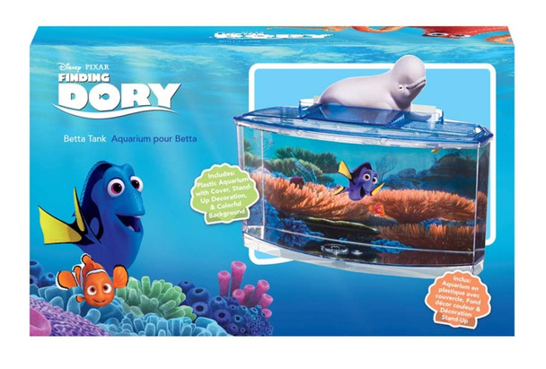 <body><p>Capture the magic of Disney's Finding Dory at home with this fun and educational aquarium kit! It includes a 1/2 gallon (1.9L) plastic tank with safety lid, a colorful background featuring Hank (voiced by Ed O'Neill) and a sheet of colorful Finding Dory stickers to personalize your aquarium any way you like! A patented water release cap on the bottom makes for quick and easy water changes without ever having to disturb your fish!</p></body>