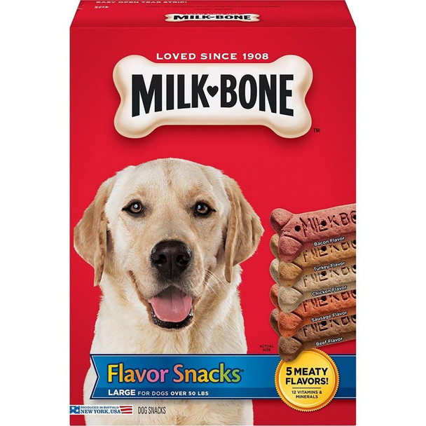 <body><p>Does your dog like the crunch of dog biscuits but also love meaty flavors? Milk-Bone Flavor Snacks dog biscuits are just what your dog craves! Made by the #1 trusted brand in dog treats, they come in five amazing meaty flavors: bacon, turkey, chicken, sausage and beef. And they're small enough for your dog to sample them all ... often! Four-legged friends of all sizes and ages can enjoy these tasty and wholesome dog treats; simply break them into smaller pieces for pint-sized pups. Besides their delicious tastes, Milk-Bone Flavor Snacks dog biscuits also offer other benefits, including 12 vitamins and minerals to help keep your dog at his or her best. Thanks to their crunchy texture, they even help clean your dog's teeth with every bite. And they're produced in Buffalo, New York, U.S.A., so you can treat your dog with confidence. Go ahead, grab a box and let the fun begin!</p><ul><li>Comes in these flavors that dogs love: bacon, beef, chicken, sausage, and turkey</li> <li>Fortified with 12 vitamins and minerals to help keep your dog at this best</li> <li>Crunchy texture helps clean teeth and freshen breath</li></ul></body>