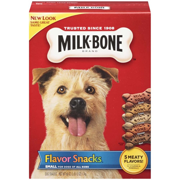 <body><p>Does your dog like the crunch of dog biscuits but also love meaty flavors? Milk-Bone Flavor Snacks small dog biscuits are just what your dog craves! Made by the #1 trusted brand in dog treats, they come in five amazing meaty flavors: bacon, turkey, chicken, sausage and beef. And they're small enough for your dog to sample them all ... often! Four-legged friends of all sizes and ages can enjoy these tasty and wholesome dog treats; simply break them into smaller pieces for pint-sized pups. Besides their delicious tastes, Milk-Bone Flavor Snacks small dog biscuits also offer other benefits, including 12 vitamins and minerals to help keep your dog at his or her best. Thanks to their crunchy texture, they even help clean your dog's teeth with every bite. And they're produced in Buffalo, New York, U.S.A., so you can treat your dog with confidence. Go ahead, grab a box and let the fun begin!</p><ul><li>Comes in these flavors that dogs love: bacon, beef, chicken, sausage, and turkey</li> <li>Fortified with 12 vitamins and minerals to help keep your dog at this best</li> <li>Crunchy texture helps clean teeth and freshen breath</li></ul></body>