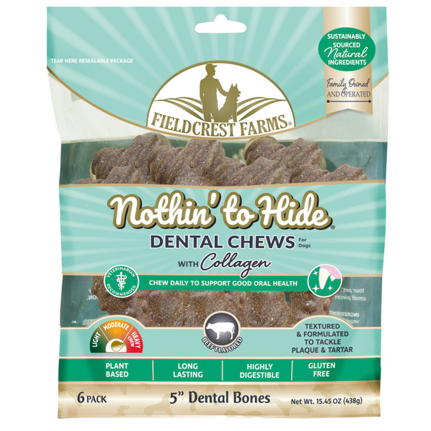 <body><p>Nothin' to Hide Dental Chews are delicious, gluten-free and made with natural, plant-based, sustainably sourced ingredients. A multi-textured chew to help tackle tartar and plaque build-up and formulated to last. Contains 6 5 chews in a resealable pouch.</p><ul><li>Gluten-free</li> <li>Made with natural, plant-based, sustainably sourced ingredients</li> <li>Multi-textured chew to help tackle tartar and plaque build-up</li> <li>Formulated to last</li> <li>Contains 6 5 chews in a resealable pouch</li></ul></body>