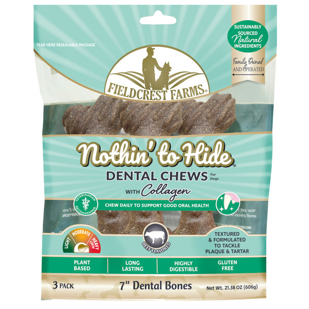 <body><p>Nothin' to Hide Dental Chews are delicious, gluten-free and made with natural, plant-based, sustainably sourced ingredients. A multi-textured chew to help tackle tartar and plaque build-up and formulated to last. Contains 5 7 chews in a resealable pouch.</p><ul><li>Gluten-free</li> <li>Made with natural, plant-based, sustainably sourced ingredients</li> <li>Multi-textured chew to help tackle tartar and plaque build-up</li> <li>Formulated to last</li> <li>Contains 5 7 chews in a resealable pouch</li></ul></body>