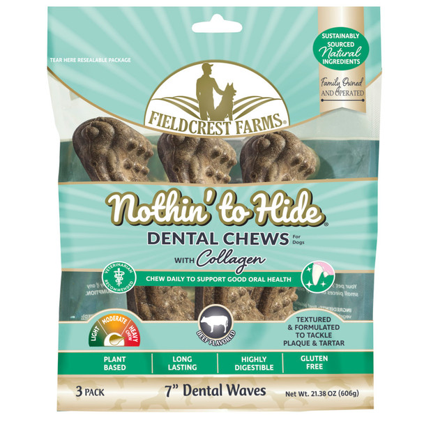 <body><p>Nothin' to Hide Dental Chews are delicious, gluten-free and made with natural, plant-based, sustainably sourced ingredients. A multi-textured chew to help tackle tartar and plaque build-up and formulated to last. Contains 3 7 chews in a resealable pouch.</p><ul><li>Gluten-free</li> <li>Made with natural, plant-based, sustainably sourced ingredients</li> <li>Multi-textured chew to help tackle tartar and plaque build-up</li> <li>Formulated to last</li> <li>Contains 3 7 chews in a resealable pouch</li></ul></body>